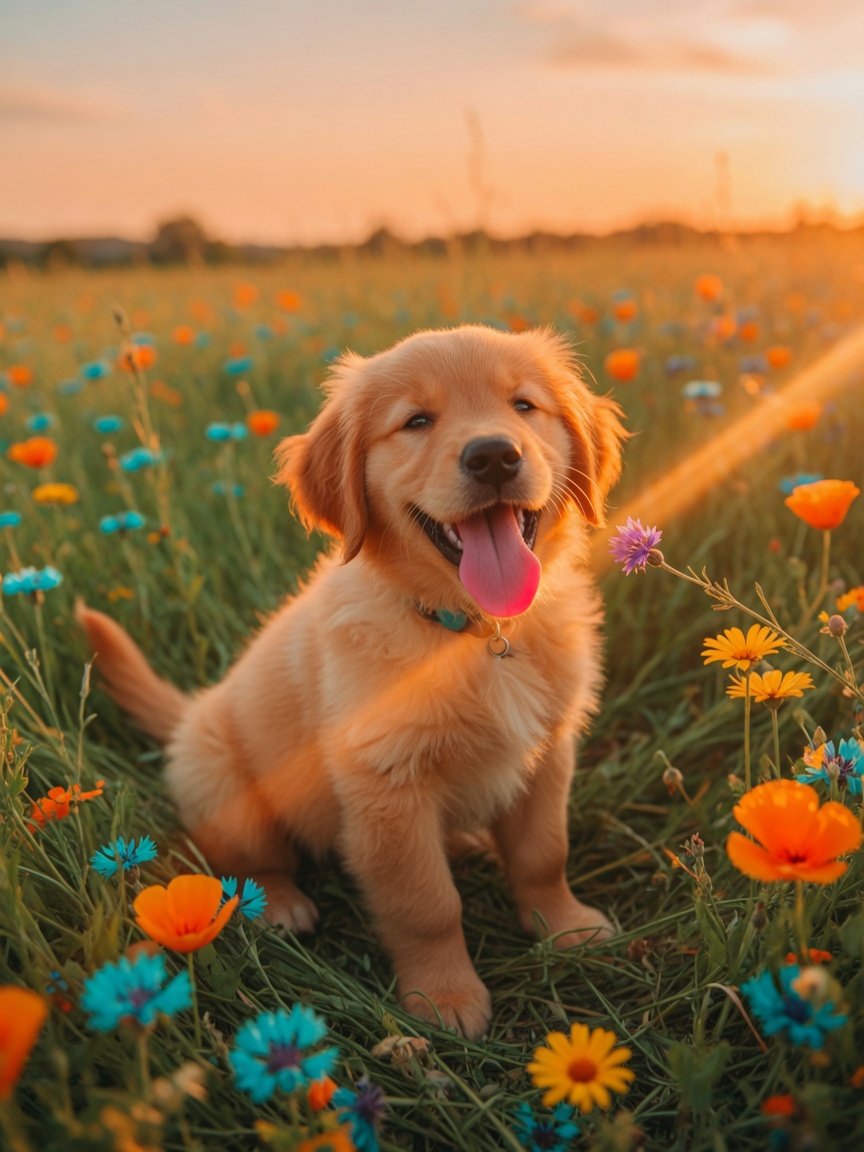 Happy golden retriever puppy in a sunny meadow