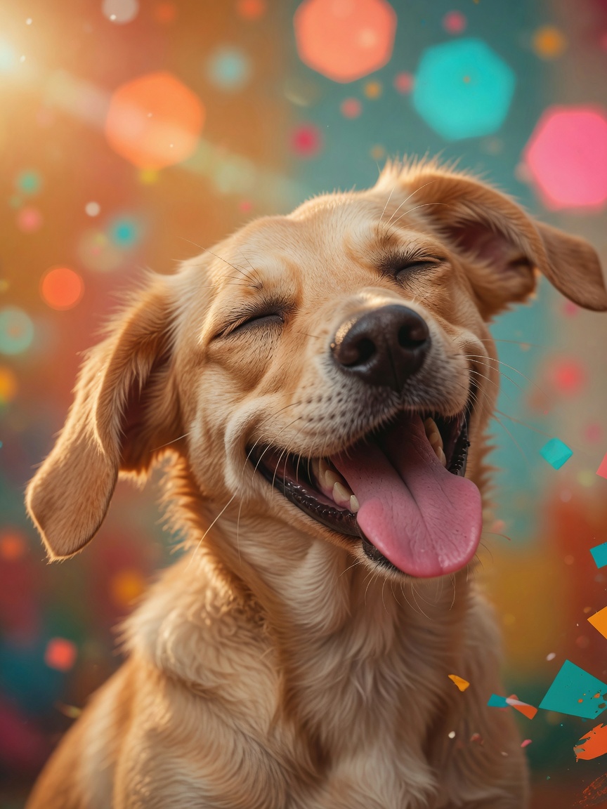 Close-up of a happy dog with tongue out and squinting eyes