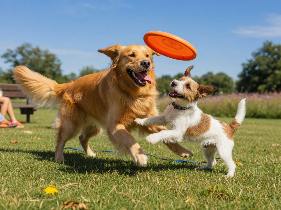 Two dogs of different breeds playing together in a park